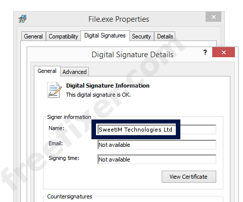 Screenshot of the SweetIM Technologies Ltd certificate